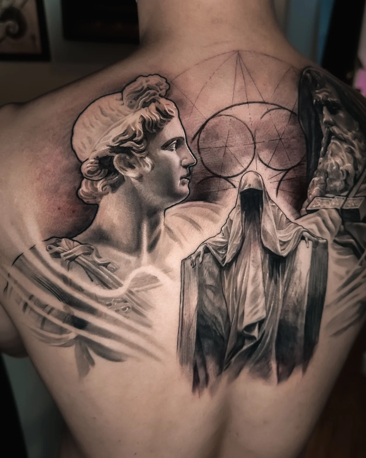 Black and Grey realism back piece by SSAB in Seoul