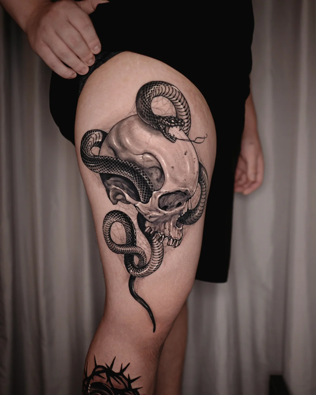 Black and Grey snake and skull tattoo by SSAB in Seoul