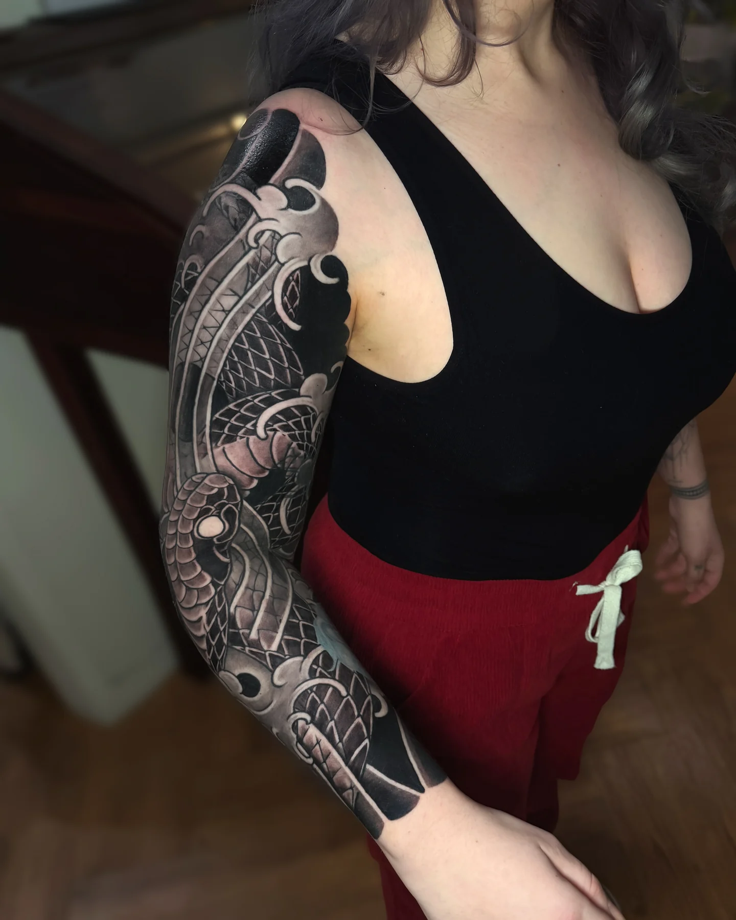 Black and Grey snake sleeve tattoo by SSAB in Seoul
