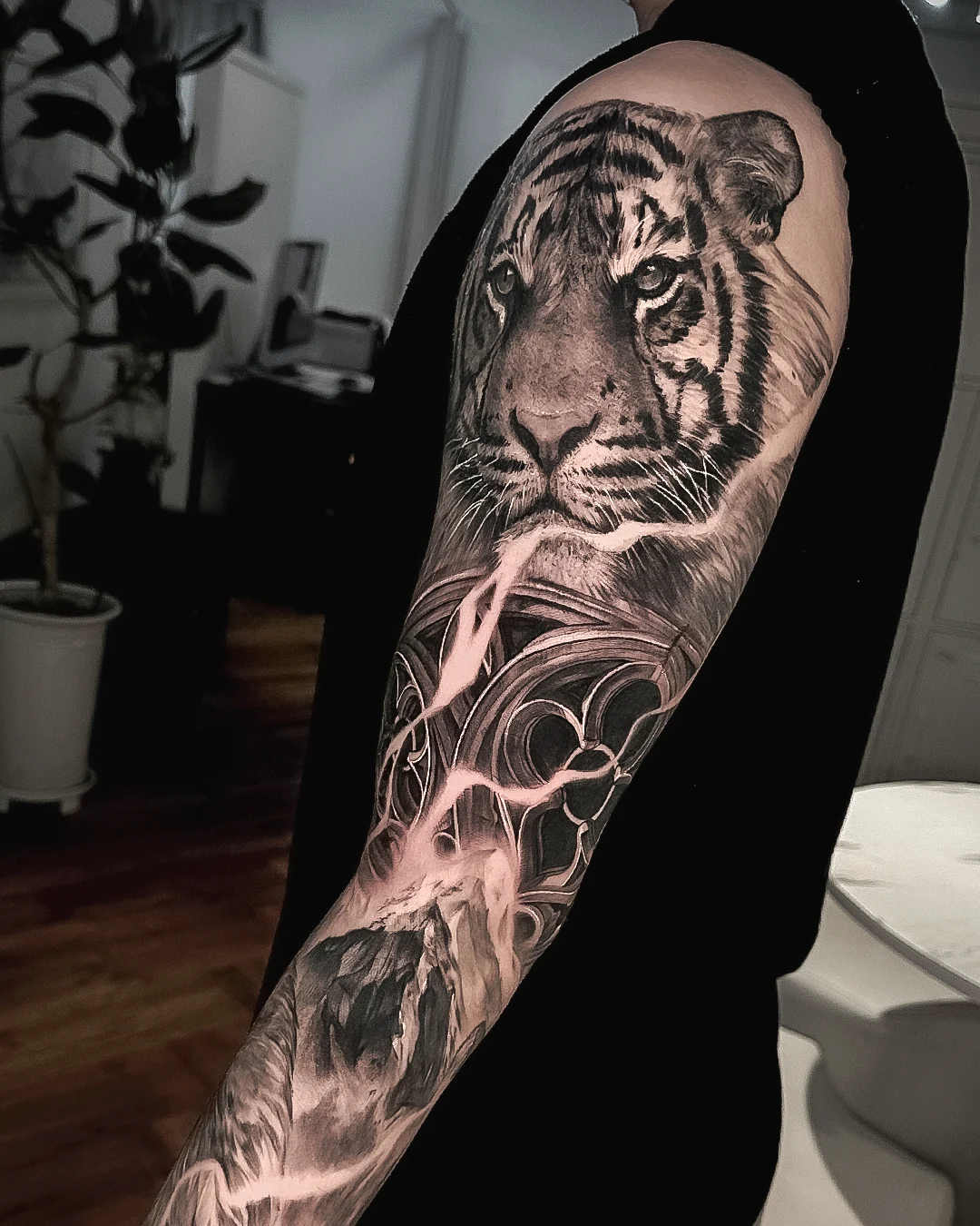 Black and Grey tiger tattoo composition by SSAB in Seoul
