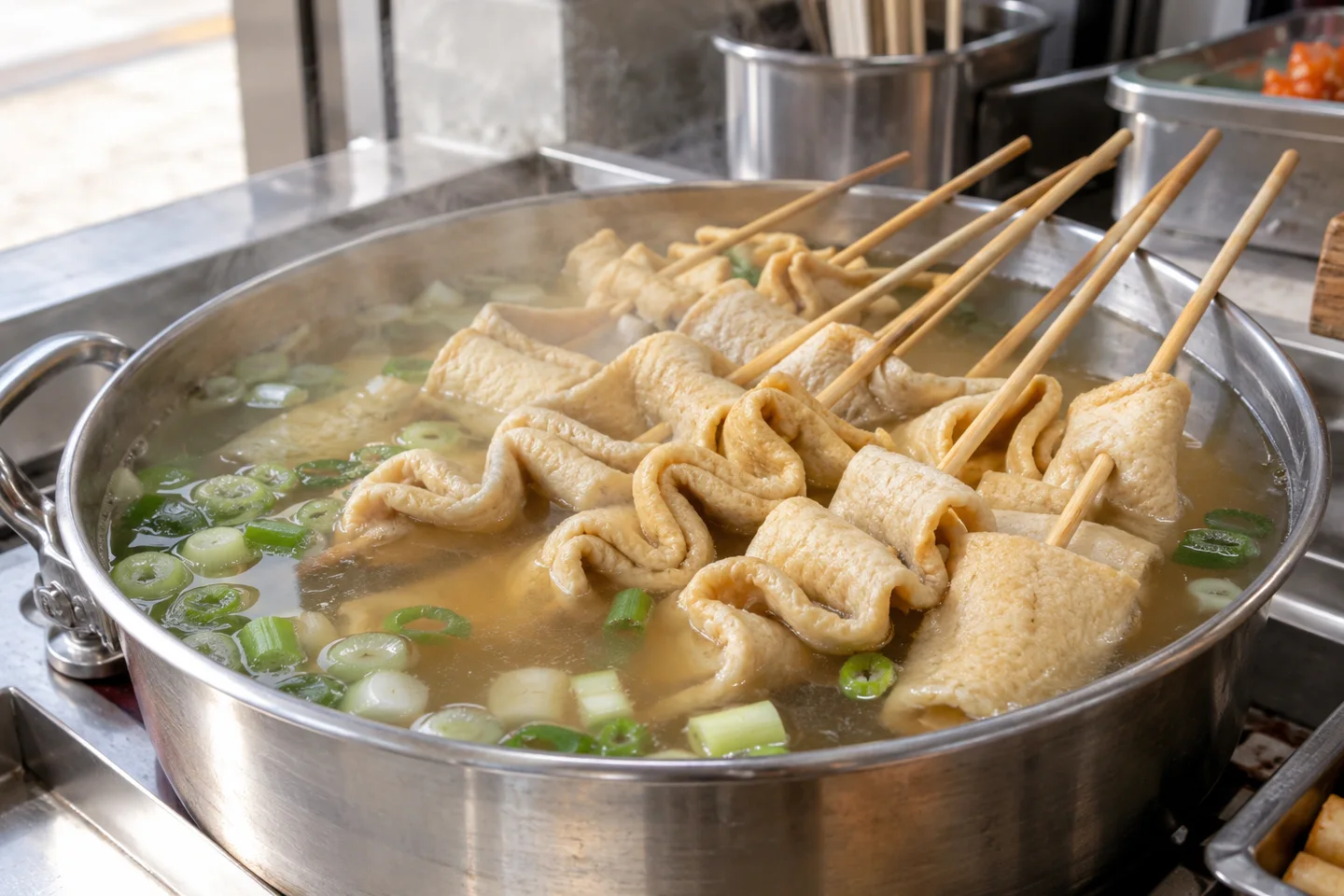 AI illustration of folded fish cakes on skewers in a stainless broth pot