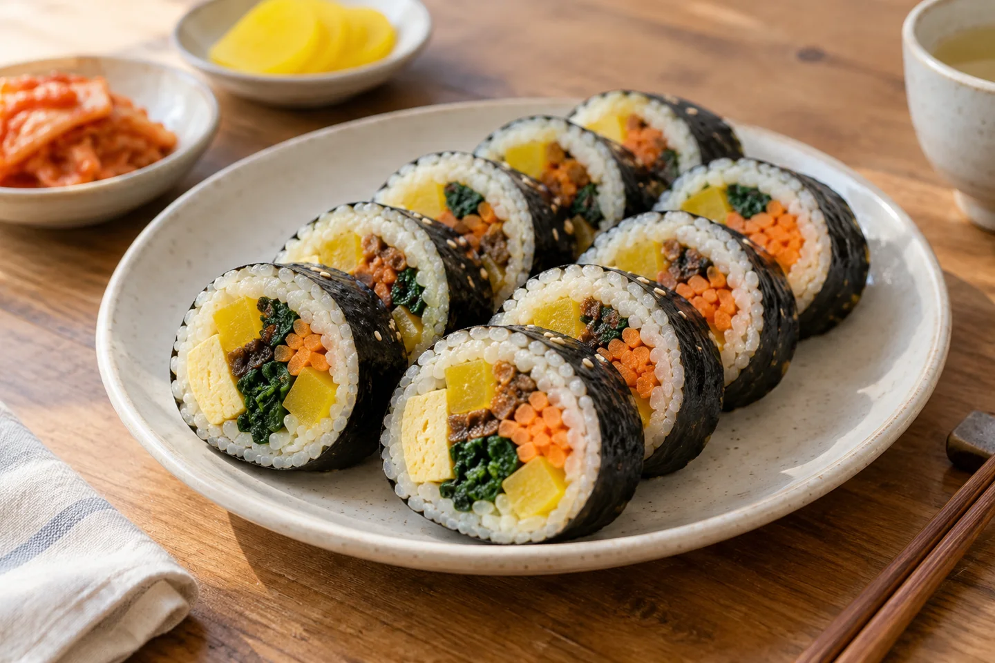 AI illustration of sliced seaweed rolls with rice, carrot, spinach, egg and pickled radish