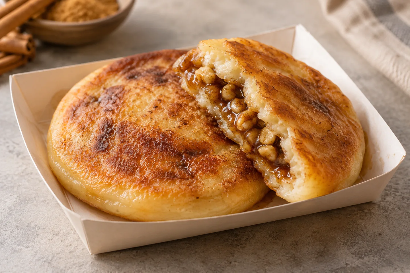 AI illustration of golden hotteok pancakes with brown sugar and nut filling visible