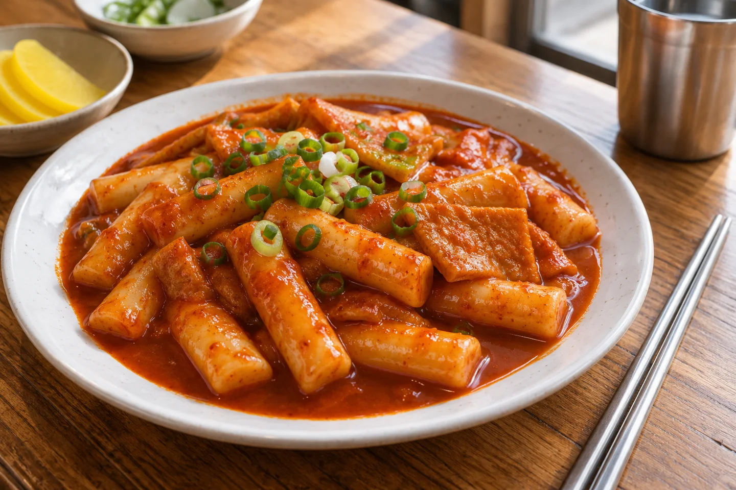 AI illustration of cylindrical rice cakes and fish cakes in red tteokbokki sauce
