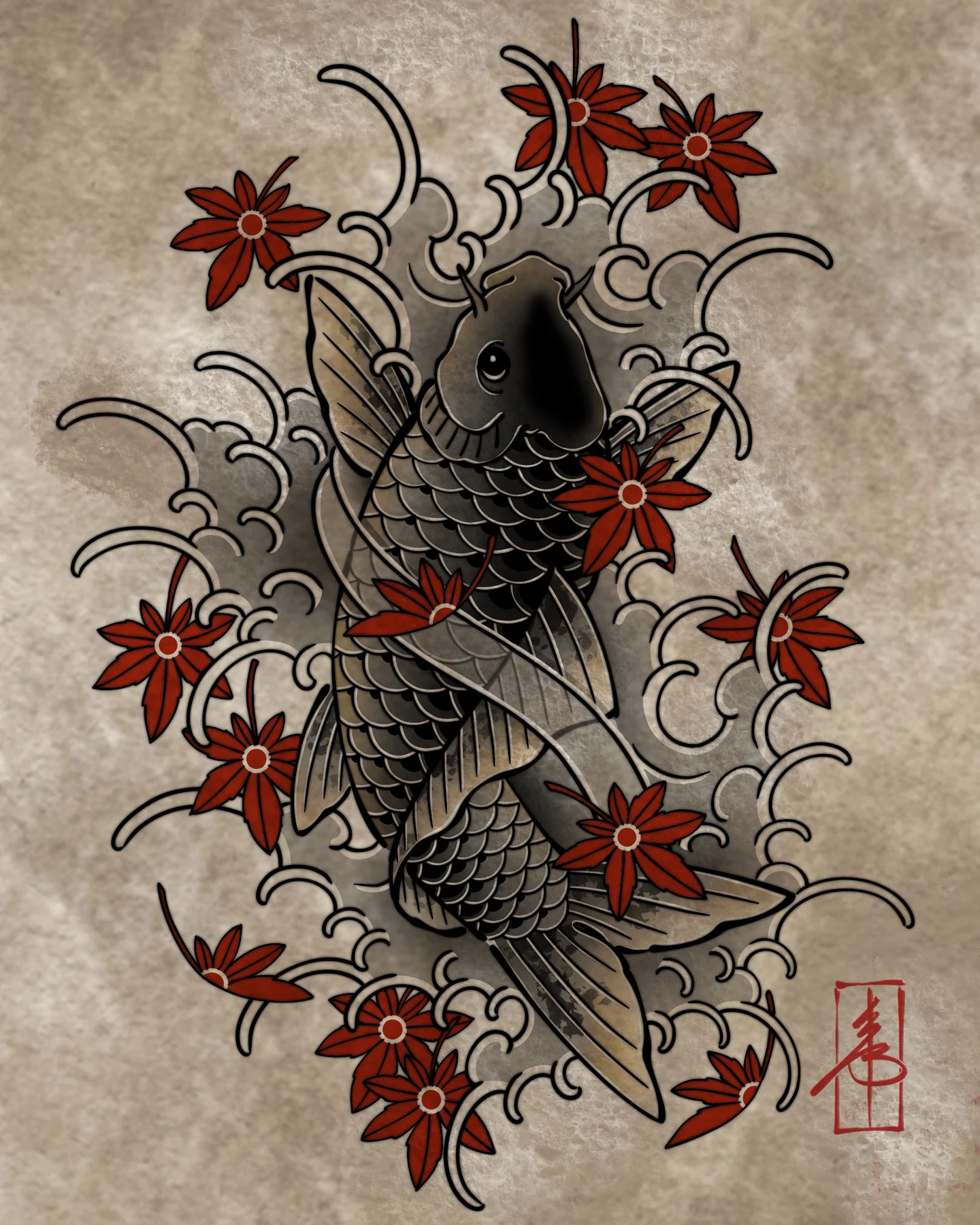 Koi and maple leaves — design study by SSAB