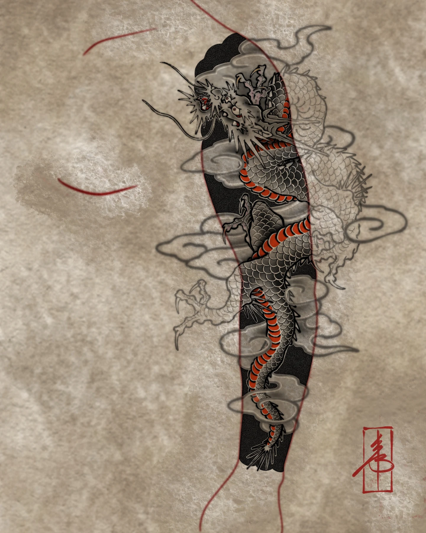 Dragon and cloud leg composition — design study by SSAB