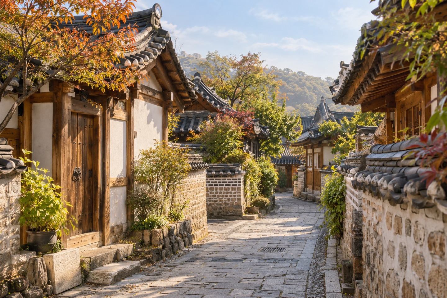 AI-generated imagined hanok lane inspired by Jeonju, with tiled roofs and autumn trees
