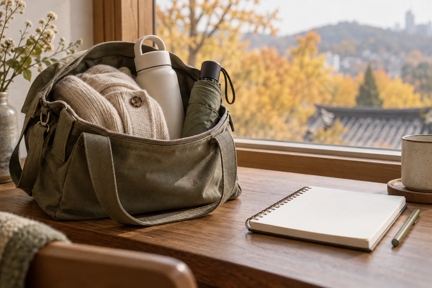 AI illustration of a small day bag with a cardigan, bottle and umbrella beside a notebook