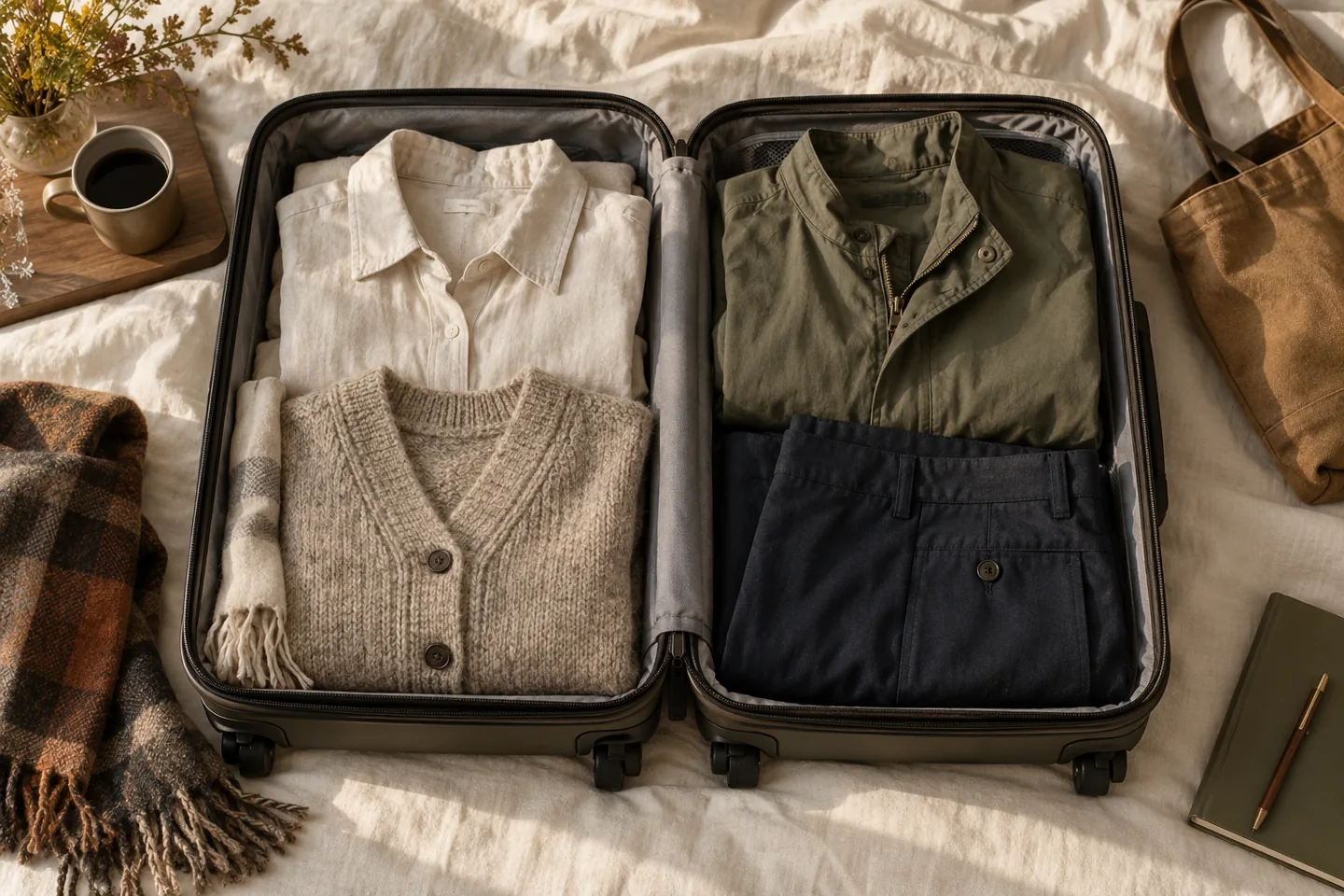 AI illustration of a suitcase containing a shirt, cardigan, jacket and trousers