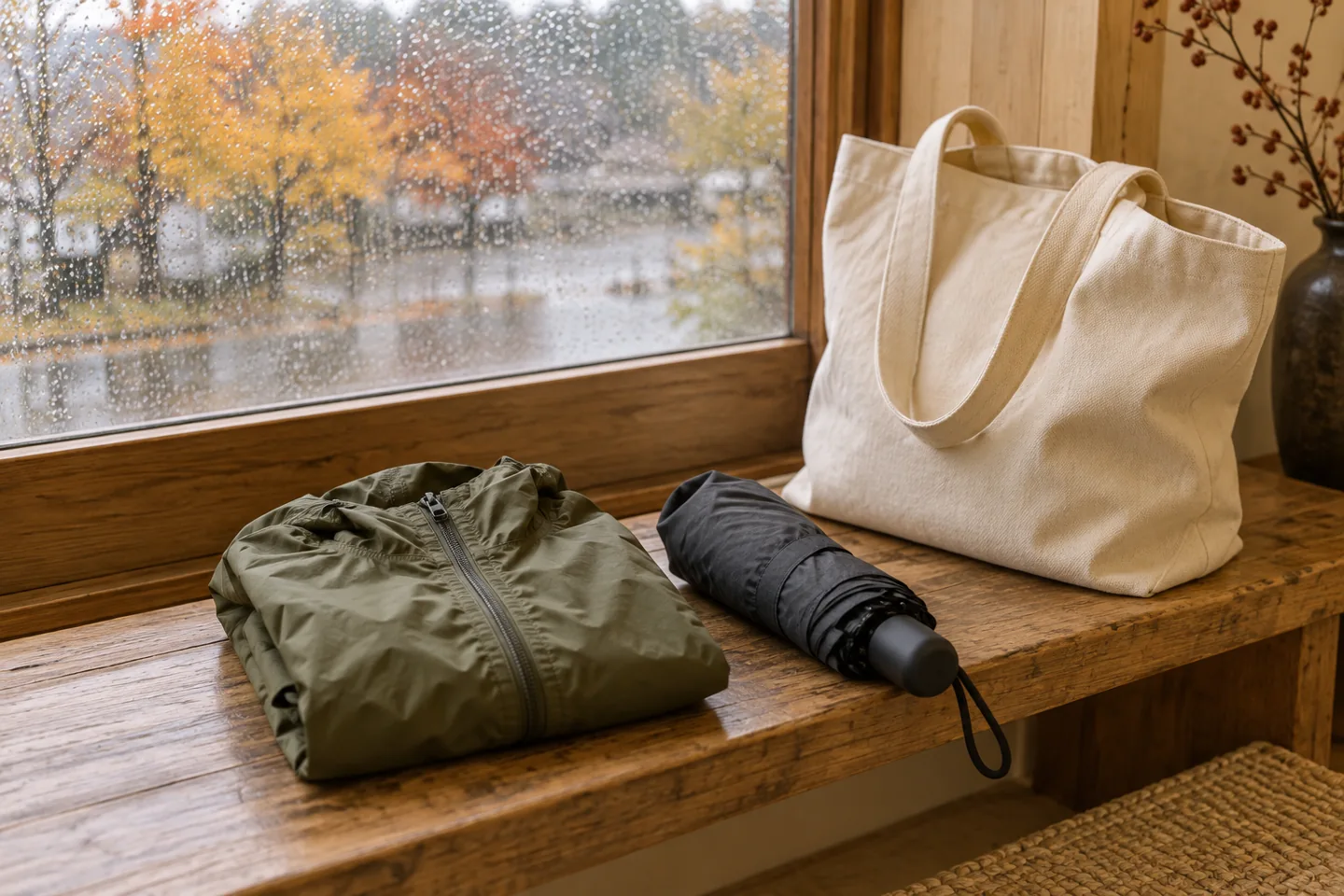 AI illustration of a compact umbrella and folded rain jacket by a rainy window
