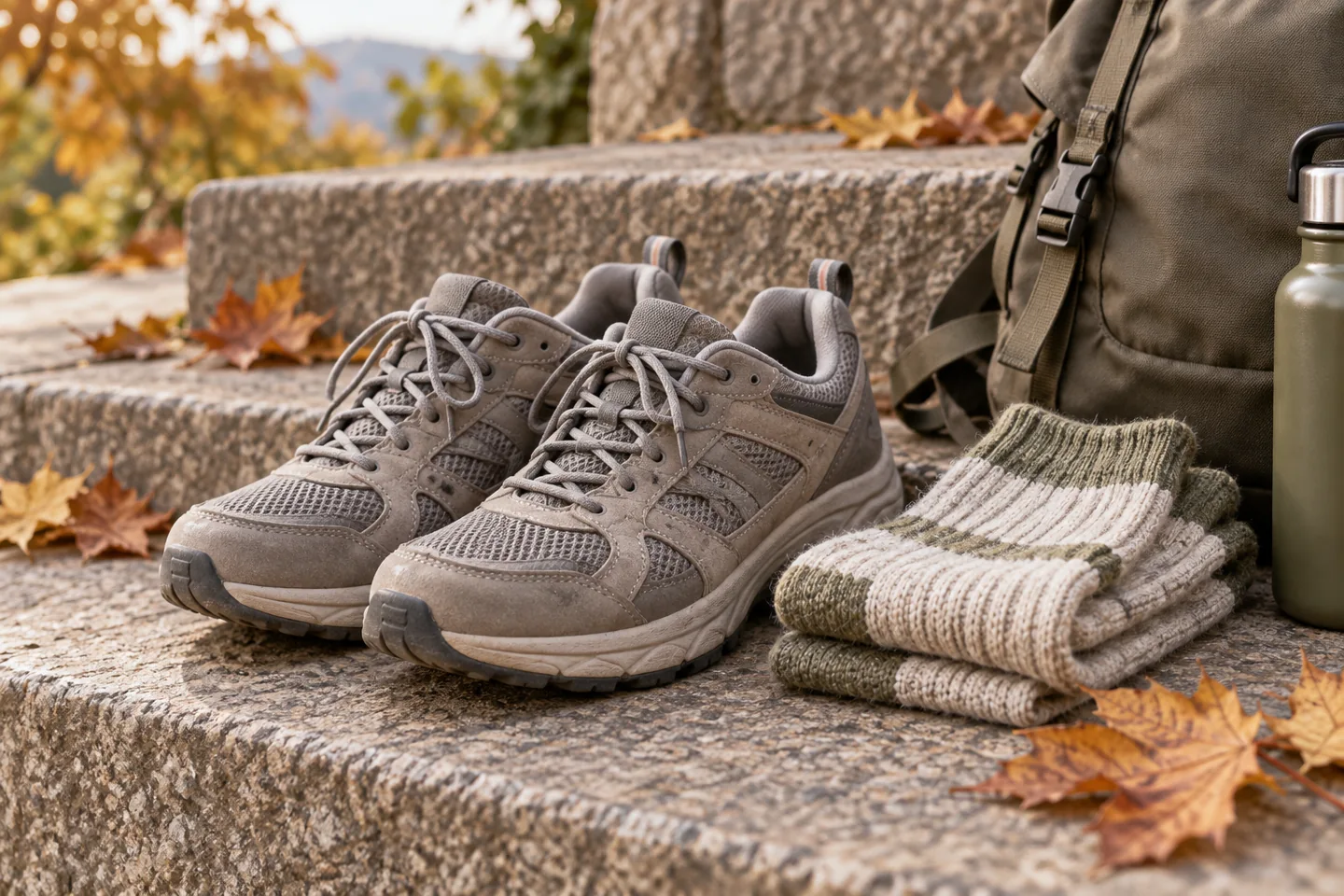 AI illustration of walking shoes and socks on a stone step