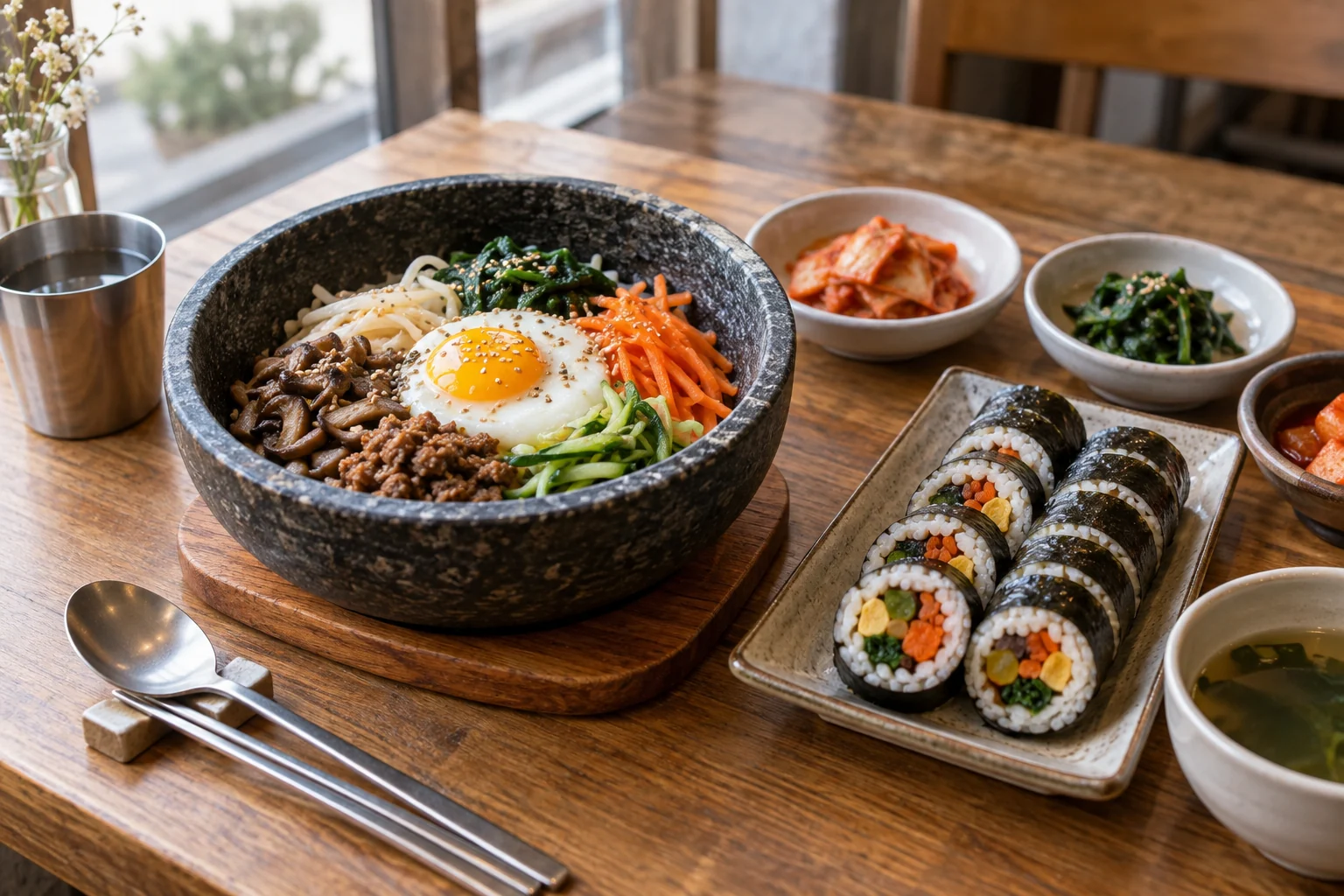 AI-generated Korean meal with bibimbap, gimbap and side dishes
