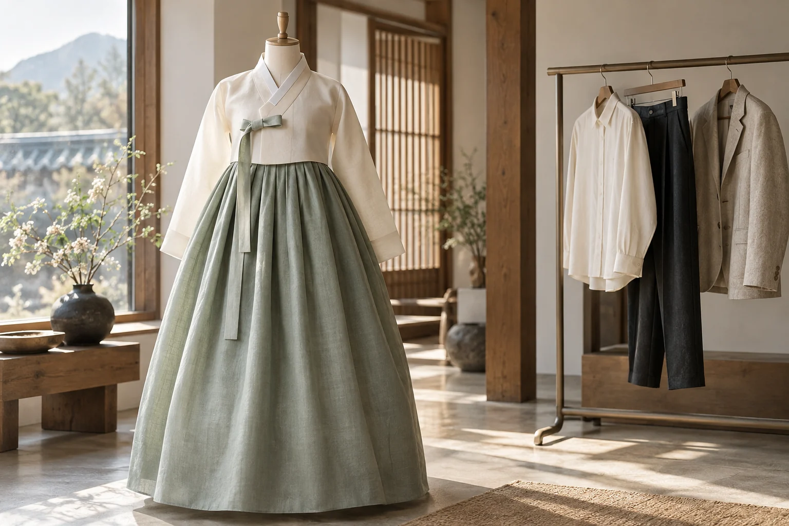 AI-generated hanbok and contemporary clothing in an imagined studio