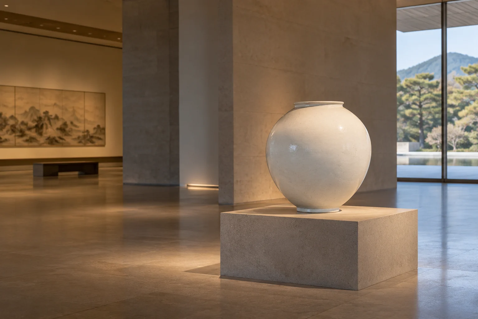 AI-generated white porcelain jar in an imagined Korean art gallery