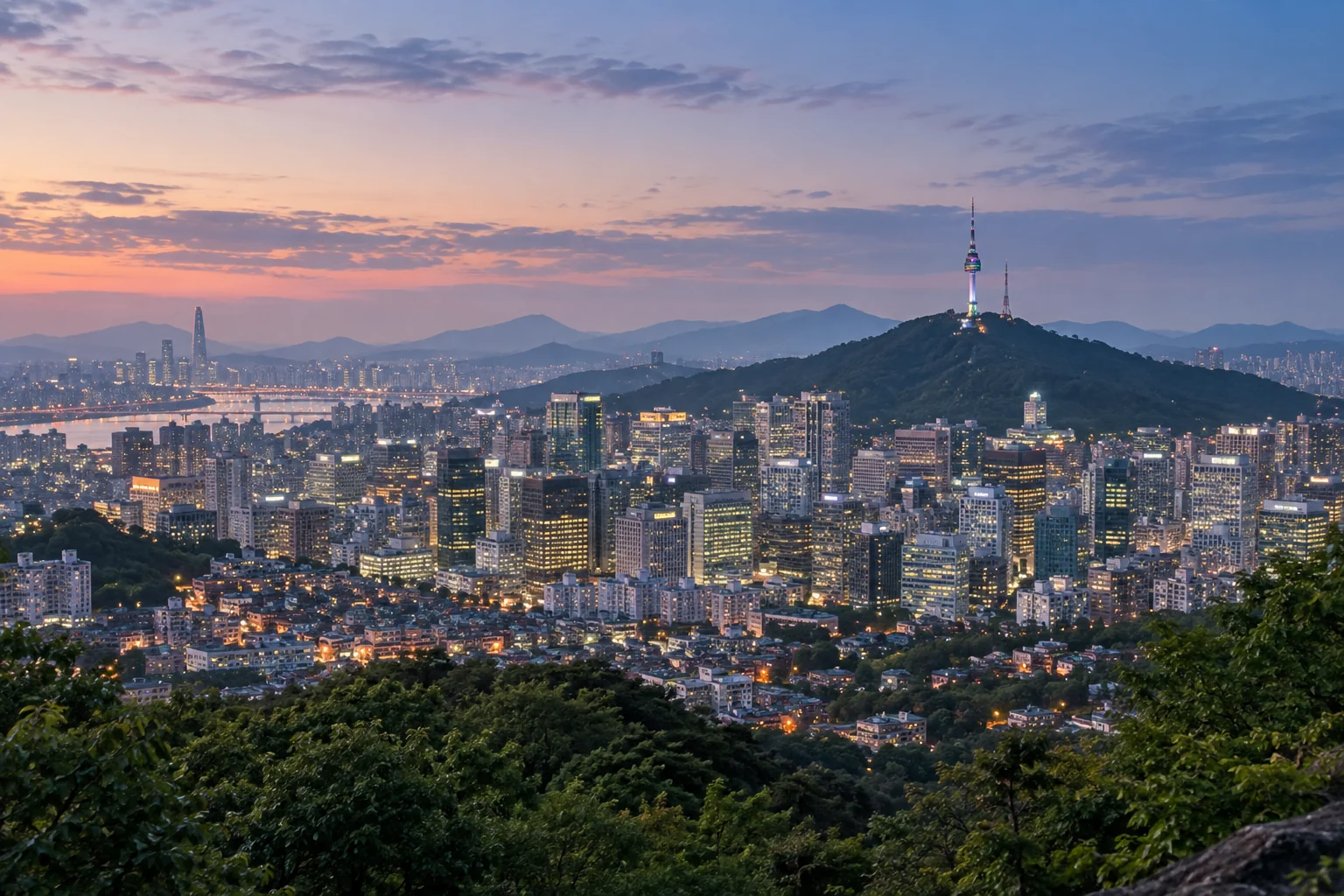 AI-generated interpretation of Namsan and the Seoul skyline