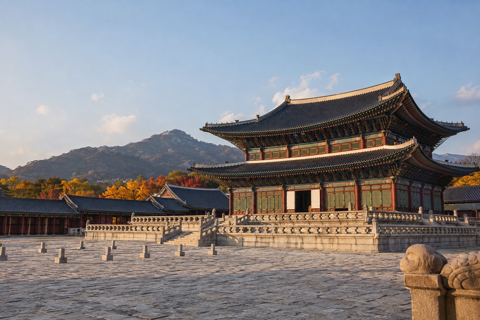 AI-generated Korean palace courtyard in autumn light