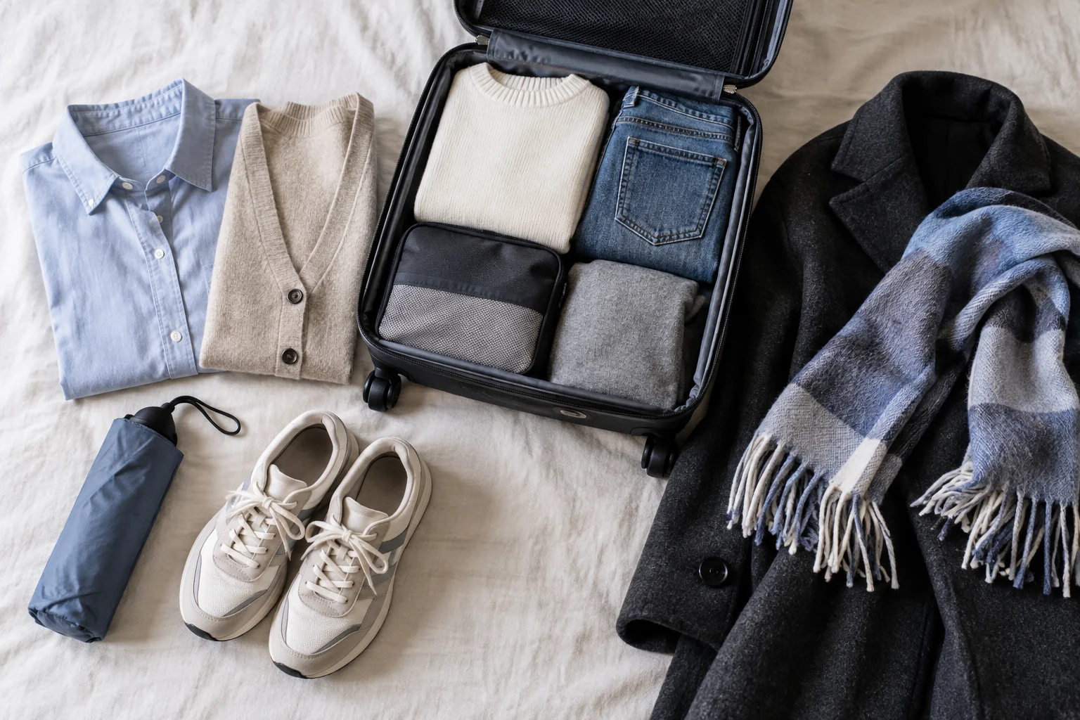 AI-generated seasonal travel clothing and suitcase flat lay