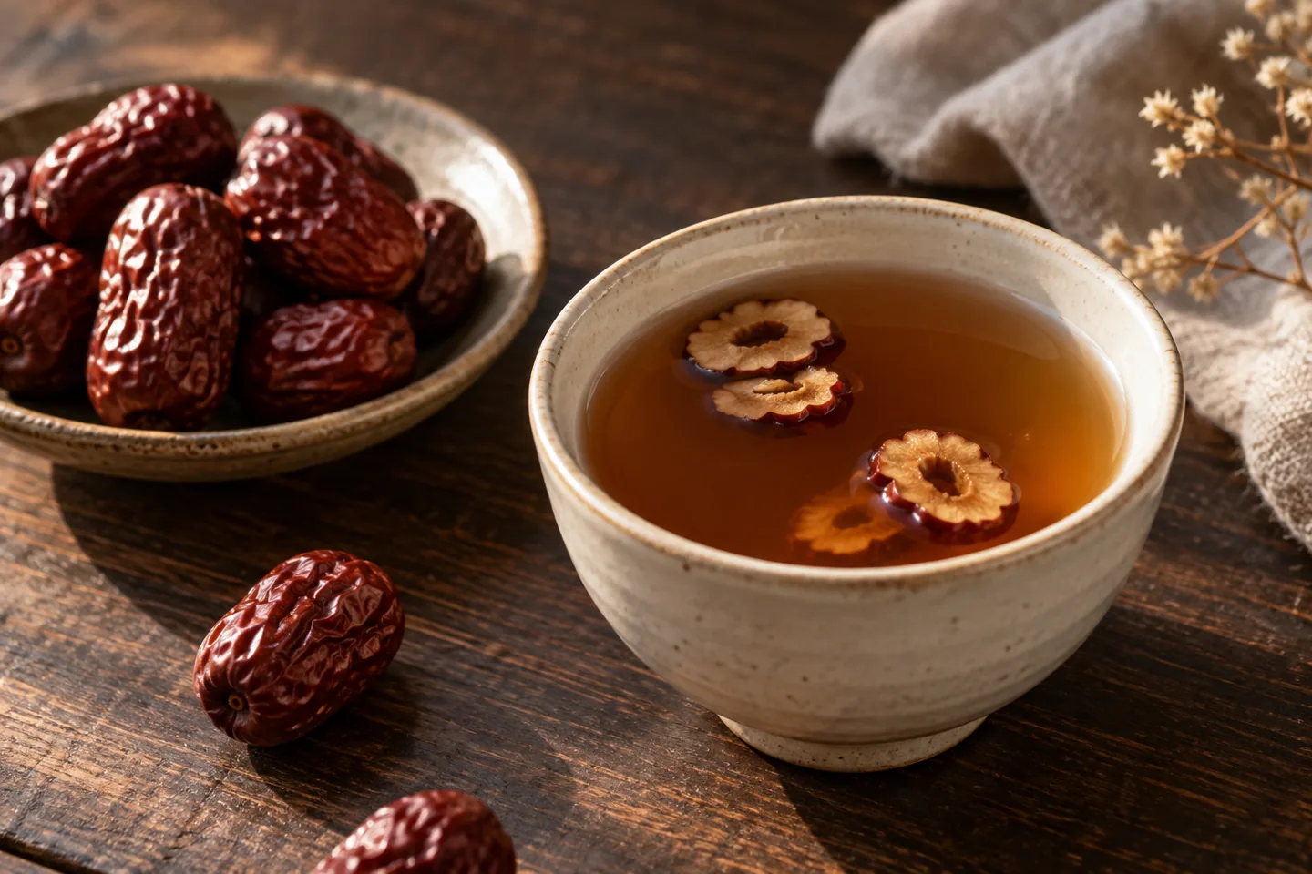 AI illustration of jujube tea in a ceramic cup beside dried jujubes