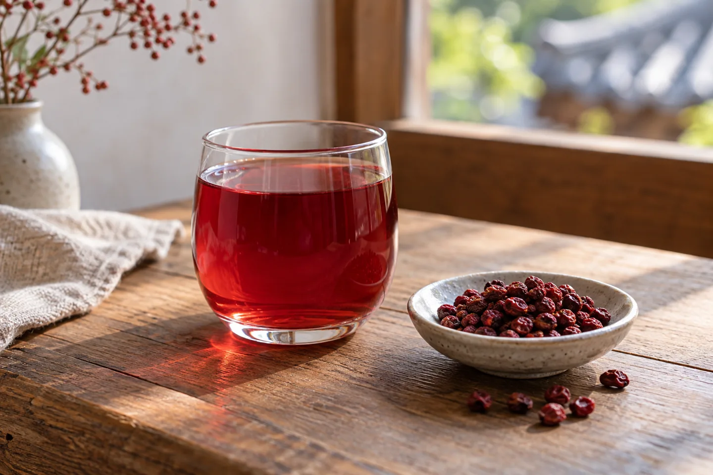 AI illustration of ruby-red omija tea with dried red berries