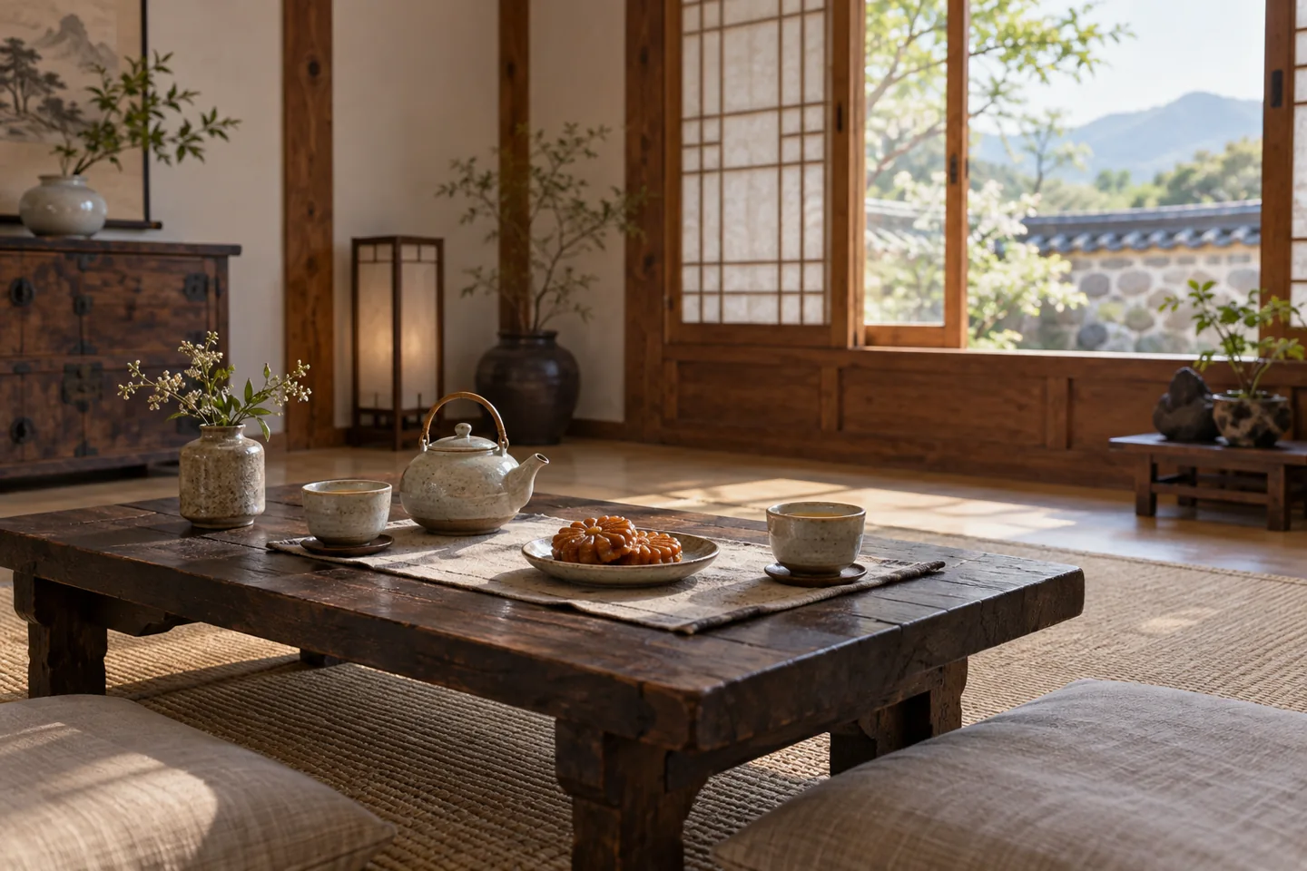 AI illustration of a quiet Korean-inspired room with tea and yakgwa on a wooden table