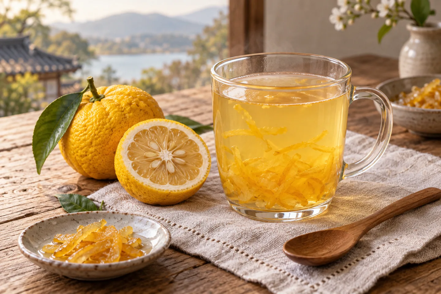 AI illustration of golden yuja tea with citrus peel and yellow fruit